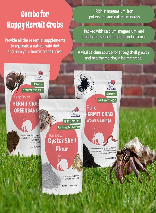 Snout and Shell Hermit Crab Supplement Bundle - Greensand, Oyster Shell Powder and Worm Castings - Molting Support, Natural Calcium, Minerals and Protein - Auto Feeder Friendly, USA Sourced, Organic, Non-GMO - Image 3